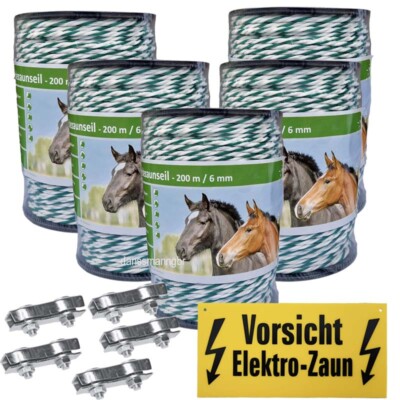 Weidezaunseil 1000m 6mm 6Niro+5 Verbinder+Warnschild weiss-grün,Material Monofil