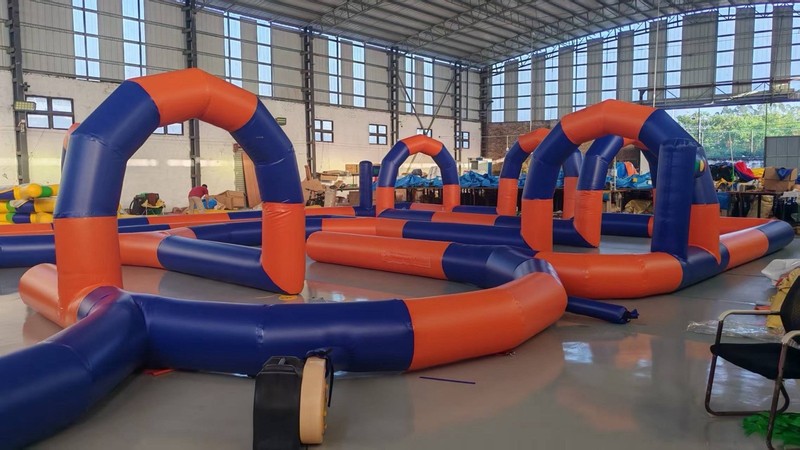 Large Inflatable Outdoor Racing Track Obstacle Course Orange Blue