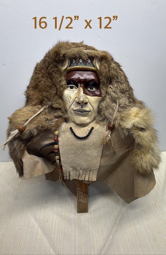 Native American Spirit Mask Wall Art Fur Leather Beads 16.5" x 12" Decor