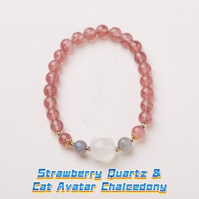 Handmade Strawberry Quartz Bracelet with Cat Chalcedony & Moonstone Accents