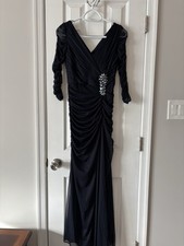 Elegant navy blue Ruched Long Evening Gown with Rhinestone Detail