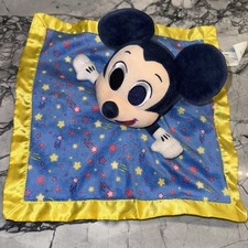 Disney Mickey Mouse Lovey Blue Plush Yellow Satin Stars Rattle Crib Toy