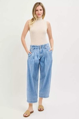 RISEN Slouchy Crop Barrel Pleated Jeans