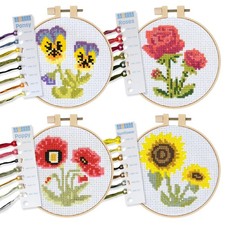 Stamped Cross Stitch Kits Beginners Flower Theme 6.75 Inch 4 Pack Embroidery