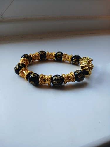 Black Beaded Bracelet Feng Shui Wealth Luck Plastic Stretch 8.5cm Used - Picture 4 of 6