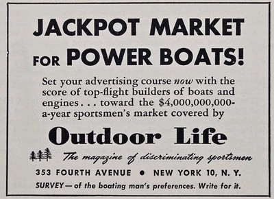 Outdoor Life Magazine Print Ad 1946 - Jackpot Market for Power Boats Advertising