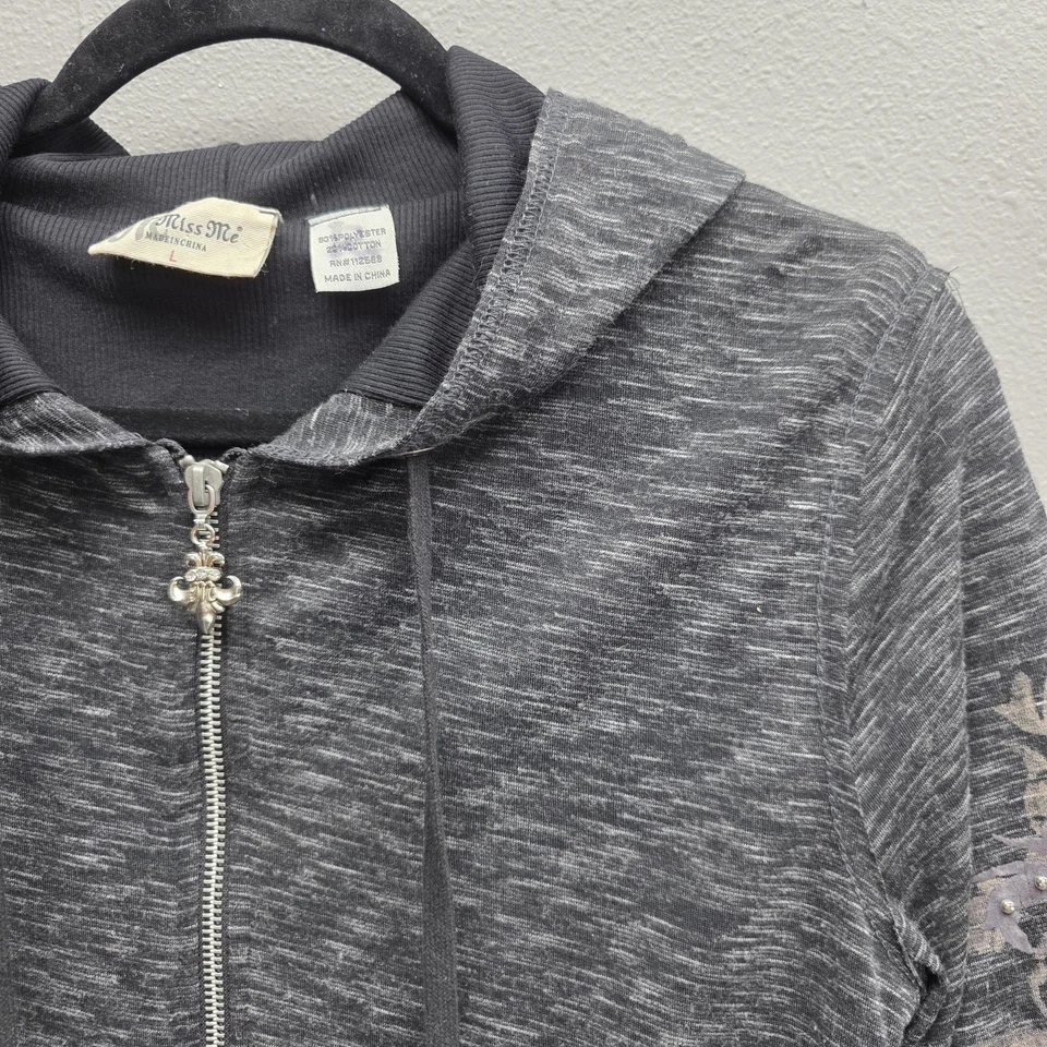Miss Me Hoodie Womens Large Gray Full Zip Rhinestone Embellished Scrolls JMXT008 - Image 2 of 4