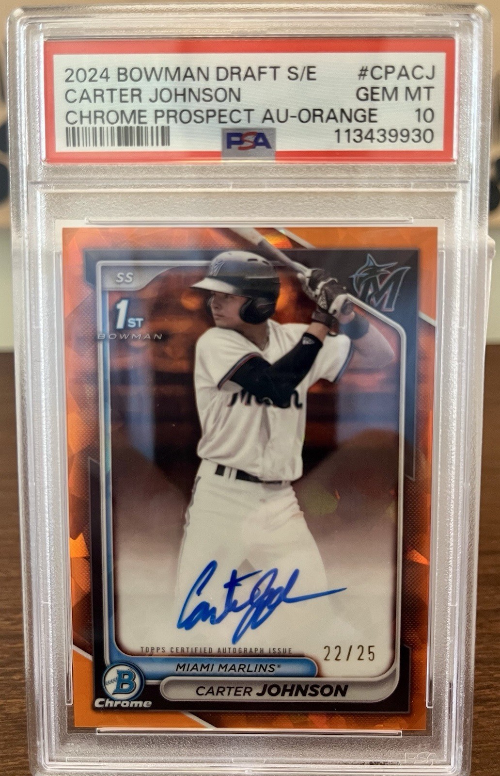 2024 Bowman Sapphire Carter Johnson #CPA-CJ Orange /25 Auto PSA 10 Marlins