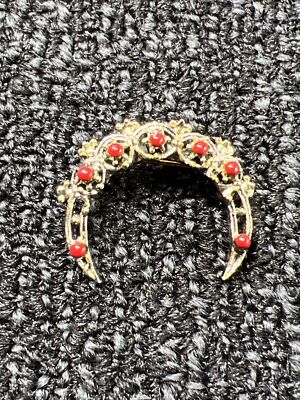 GERRY Weber Vintage Estate Crescent Moon Brooch Pin Gold Tone Red Enamel