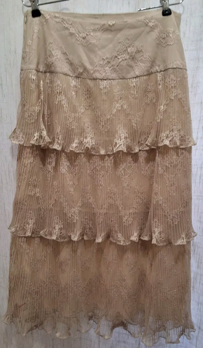 Zimmermann Pleated Tiered Lace Midi Skirt Ivory Size AU 3