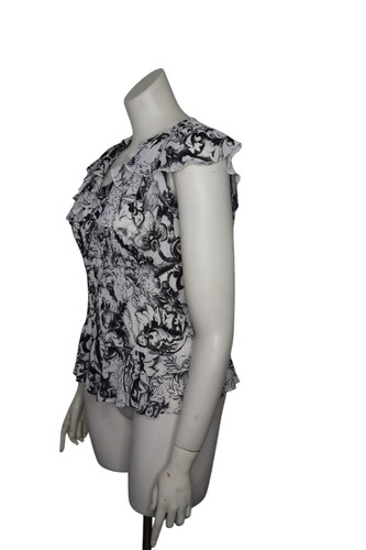 Women's Top y2k Ruffle Button Up Blouse Blk White Crinkle 90s Coquette XL - Picture 5 of 11
