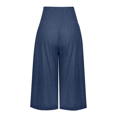 Womens High Waist 3/4 Length Linen Pants Ladies Solid Wide Leg Capri Trousers US - Picture 6 of 25