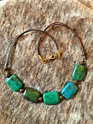 Retro Boho Rectangular Polished Stone Necklace Teal Blue Green