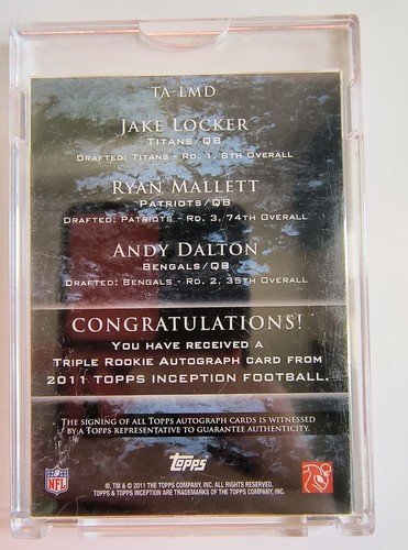 Andy DALTON Ryan MALLETT Jake LOCKER Rookie Auto Card #/10- 2011 Topps Inception - Picture 2 of 2