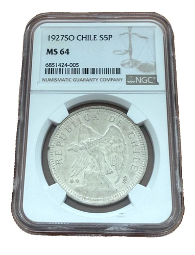 Chile 1927 SO Silver 5 Pesos NGC MS64
