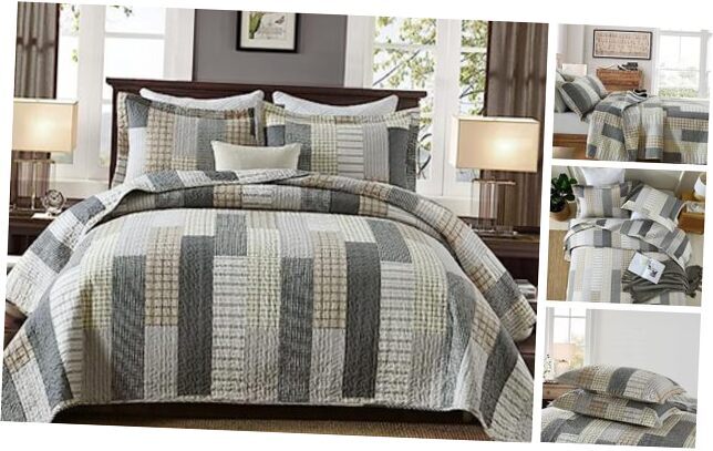 Size Quilts,100% Cotton Quilt Bedding Set,Patchwork Plaid Queen Charcoal