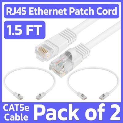 2 Pack Cat5e Patch Cord White 1.5 Feet Lan Ethernet Cable Network Internet RJ45