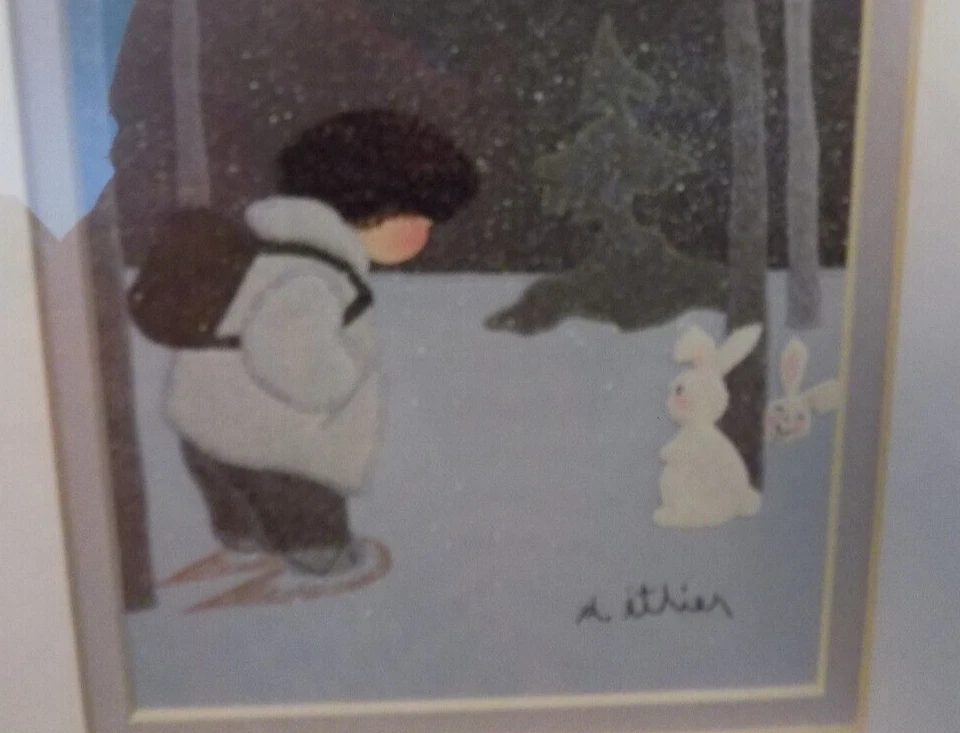 De Colección D Ethier Litografía Firmada Con Amigos Niño Zapatos para Nieve Conejito Blanco Conejos Foto 3 de 4