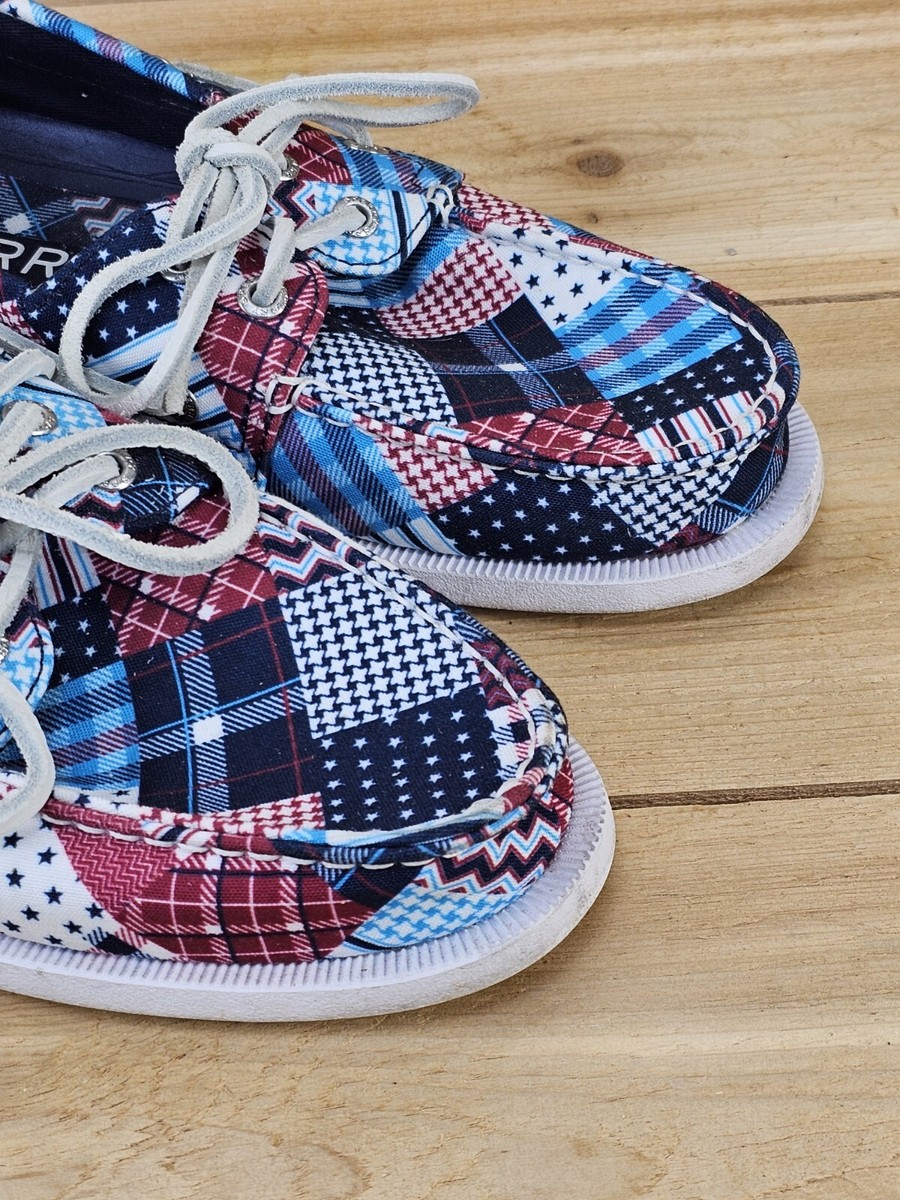 Men’s Y2k fall Sperry outdoors boat slip on top sider plaid Sperry Top sider brown flannel fabric leather plaid boat  main image 2