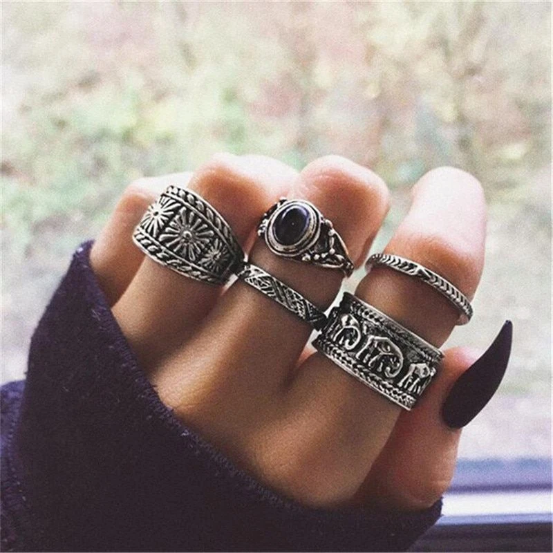 14Pcs/Set Trendy Silver Color Leaf Elephant Carved Finger Rings for Women  Vintage Retro Boho Knuckle