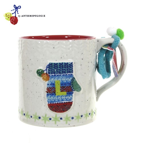 Anthropologie BUNDLED UP MONOGRAM "L" 19oz Mug Mitten Embossed Holiday Christmas