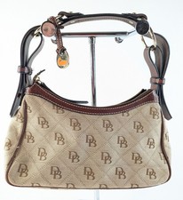 Dooney Bourke Monogram Hobo Purse Tan Brown Canvas Brass Shoulder Bag