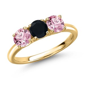 Authentic 18K Yellow Gold Plated Silver Onyx and Pink Lab Grown Diamond Engagement Ring