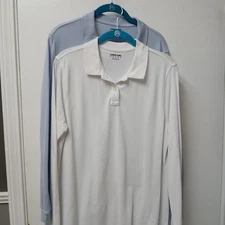 Lands End Lot Of Two Womens Cotton Pique Sz M Long Sleeve Polo Shirt White Blue 