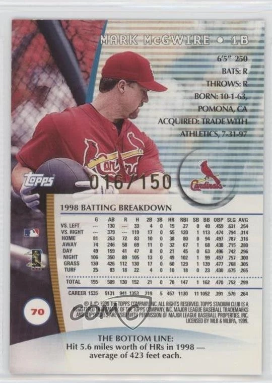 1999 Topps Stadium Club One of a Kind /150 Mark McGwire #70 - Image 2 of 2