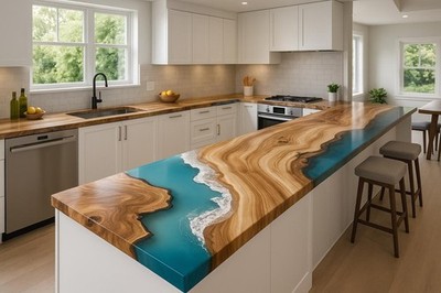 Walnut Epoxy River Kitchen Countertop | Ocean Resin Live Edge Luxury Slab