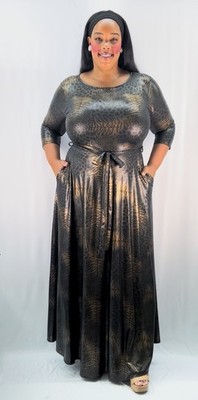 1X-3X Women s Plus Size Metallic Bronze Animal Print Maxi Dress Pockets Belted