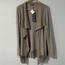 Dolce Cabo Tan Angora Microsuede Fringe Classic Waterfall Cardigan Sweater M NWT