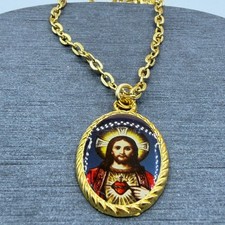 Sacred Heart Jesus Gold Tone Oval Religious Pendant Necklace Christian Jewelry