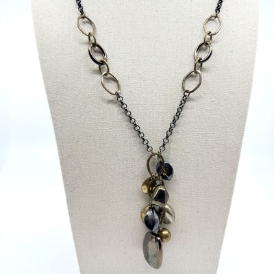 Vintage Mixed Metal Gunmetal Brass Tone Freeform Cluster Drop Statement Necklace