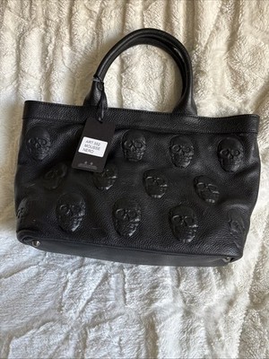 NEW IO PELLE Italia Skull Embossed Leather Tote Bag Nero Black Large Purse