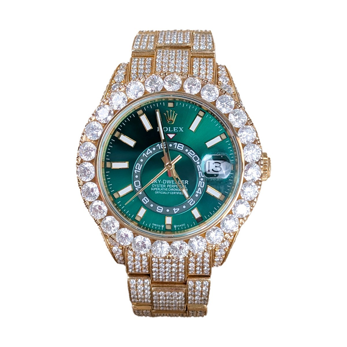 Rolex Sky-Dweller 326938 42mm Aftermarket Green Dial Iced Out Watch