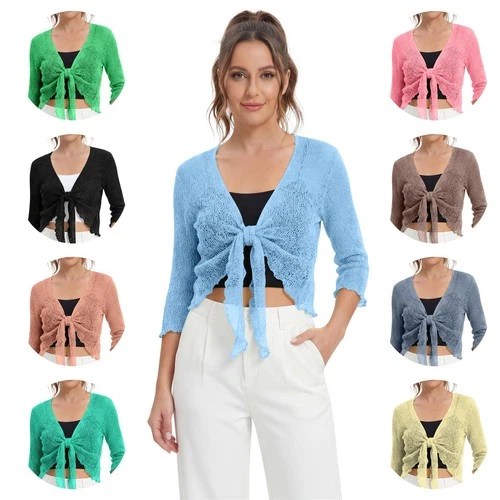 Womens Tie Up Open Front Shrug Ladies Knitted Cropped Bolero beach summer Top