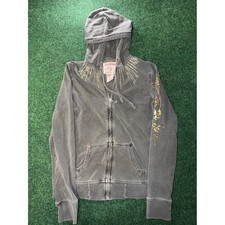 Y2K True Religion Zip Up Hoodie Women L Gray Gold Foil Made In USA