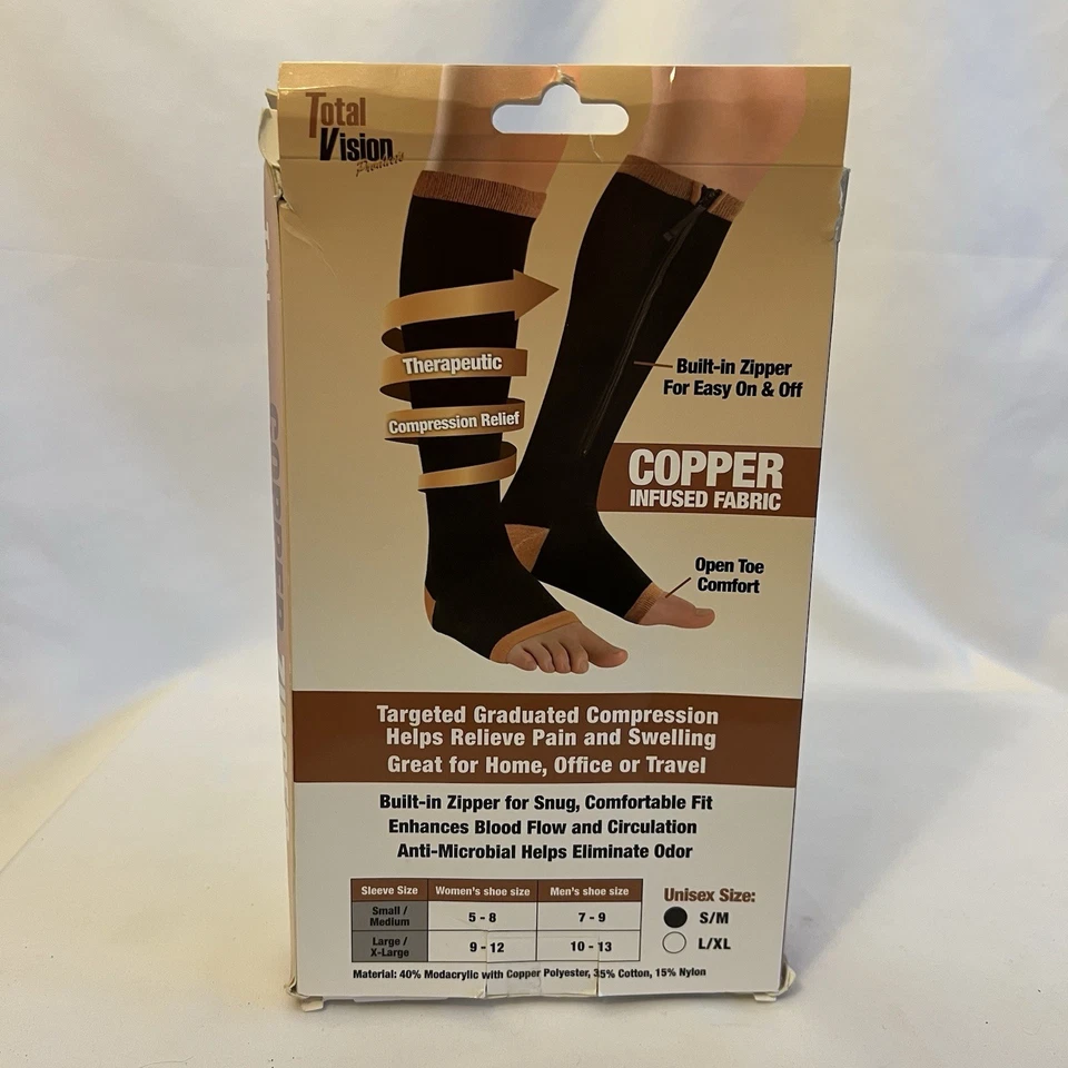 NEW Lot of 3 Total Vision Foot/Leg Compression Sleeves-2 Copper Zipper/1 No Show - Image 3 of 4