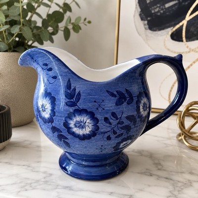 Vintage FTD Blue Floral Pitcher Vase Ceramic Cottage Farmhouse Decor Made China
