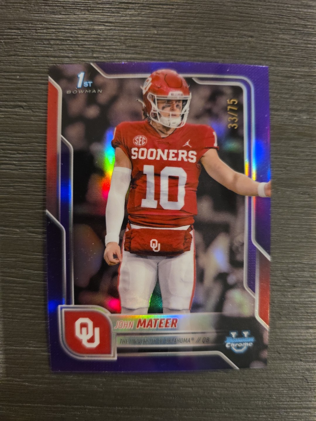John Mateer 2025 Bowman Chrome U 1st Bowman Purple #d /75 Oklahoma