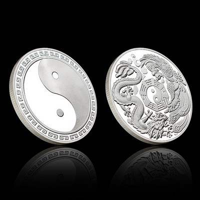 Chinese Tai Chi Yin Yang Bagua Feng Shui Lucky Coin Silver Collectible Gift