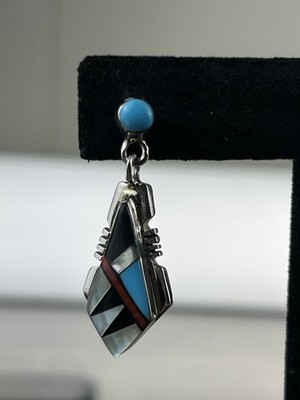 Zuni Inlay Earings Sterling Turquoise Onyx Abalone And Red Coral PP Makers Mark