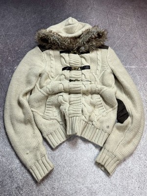 Vintage Cable Knit Hoodie Sweater Fur Trim Toggle Closure Y2K Streetwear
