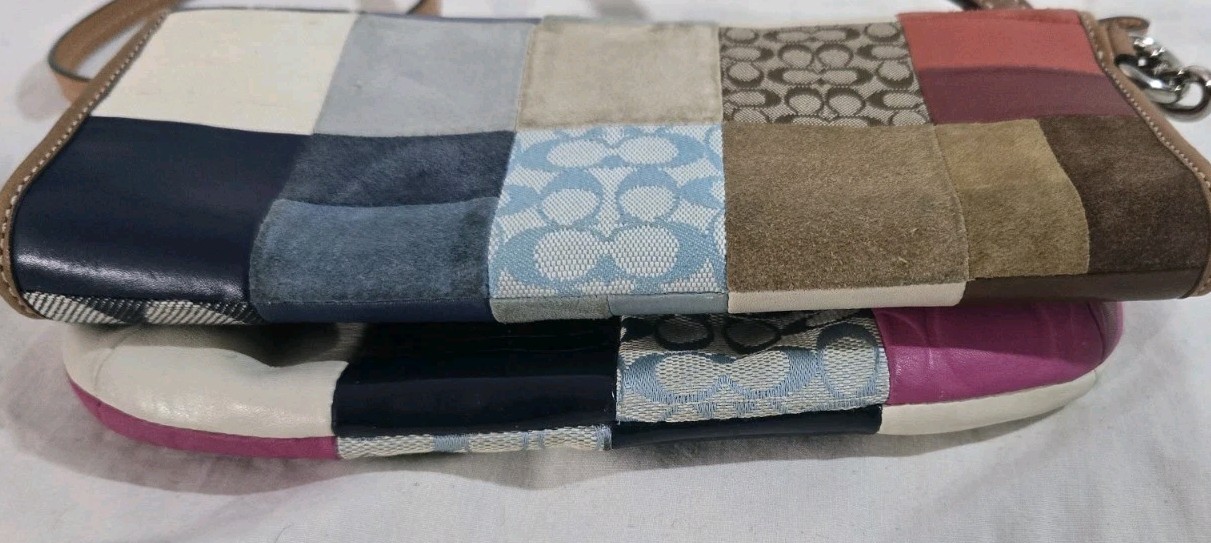 Coach Signature Patchwork Leather Suede Wristlet Wallet Blue Multi Tan Lot 