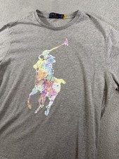 Polo Ralph Lauren Mens L T-Shirt Gray Watercolor Big Pony Graphic Preppy