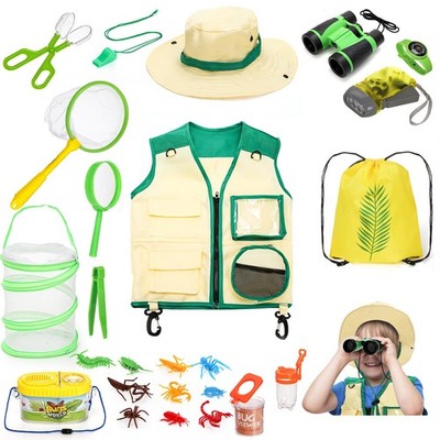 Kids Outdoor Explorer Bug Catcher Kit Vest Hat Net Compass Collecting Set