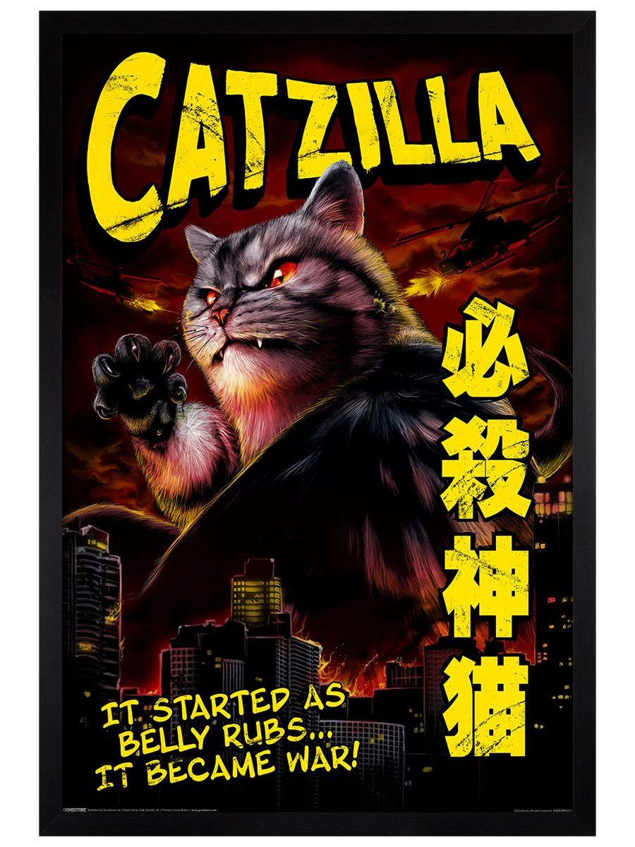 Horror Cats Catzilla Maxi Poster - Black Wooden Framed