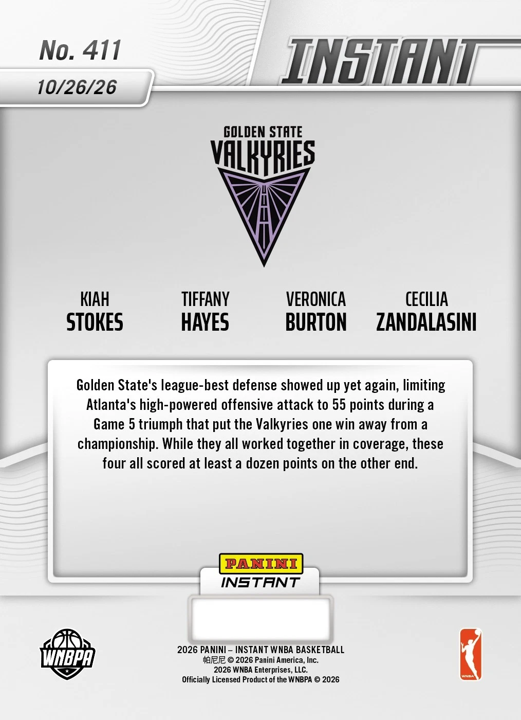 2026 Panini Instant WNBA #411 Stokes Hayes Burton Zandalasini Valkyries PRESALE image 2