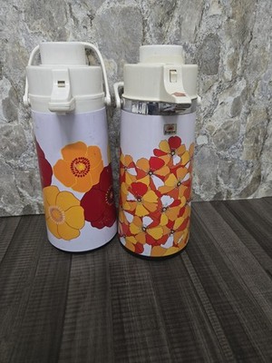 lot of 2 Vintage Sunrise Vacuum Pump Thermos Drink Dispenser Pink Orange Flower
